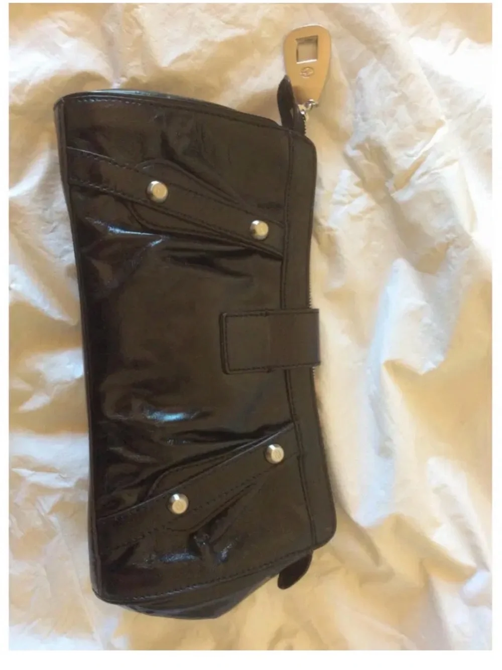 Francesco Biasia Black Patent Leather Clutch with silver -Tone Oval Lock